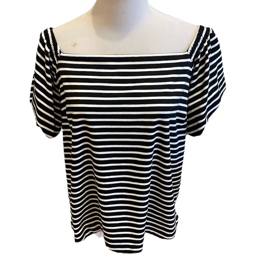 Banana Republic Black White Stripe Off Shoulder Scallop Hem Top M Blouse Preppy - Picture 3 of 7